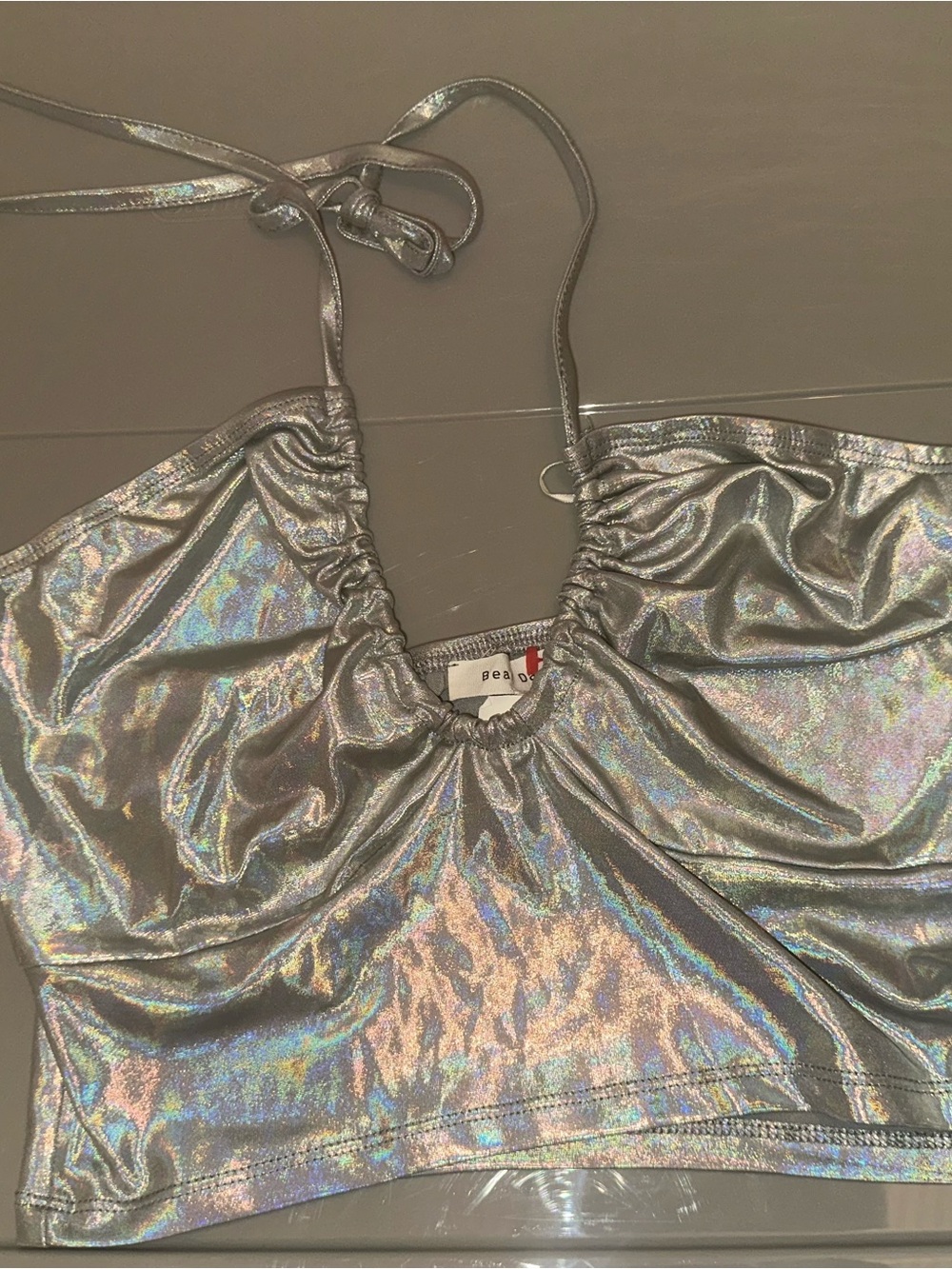 Silver Holographic Crop Halter Top